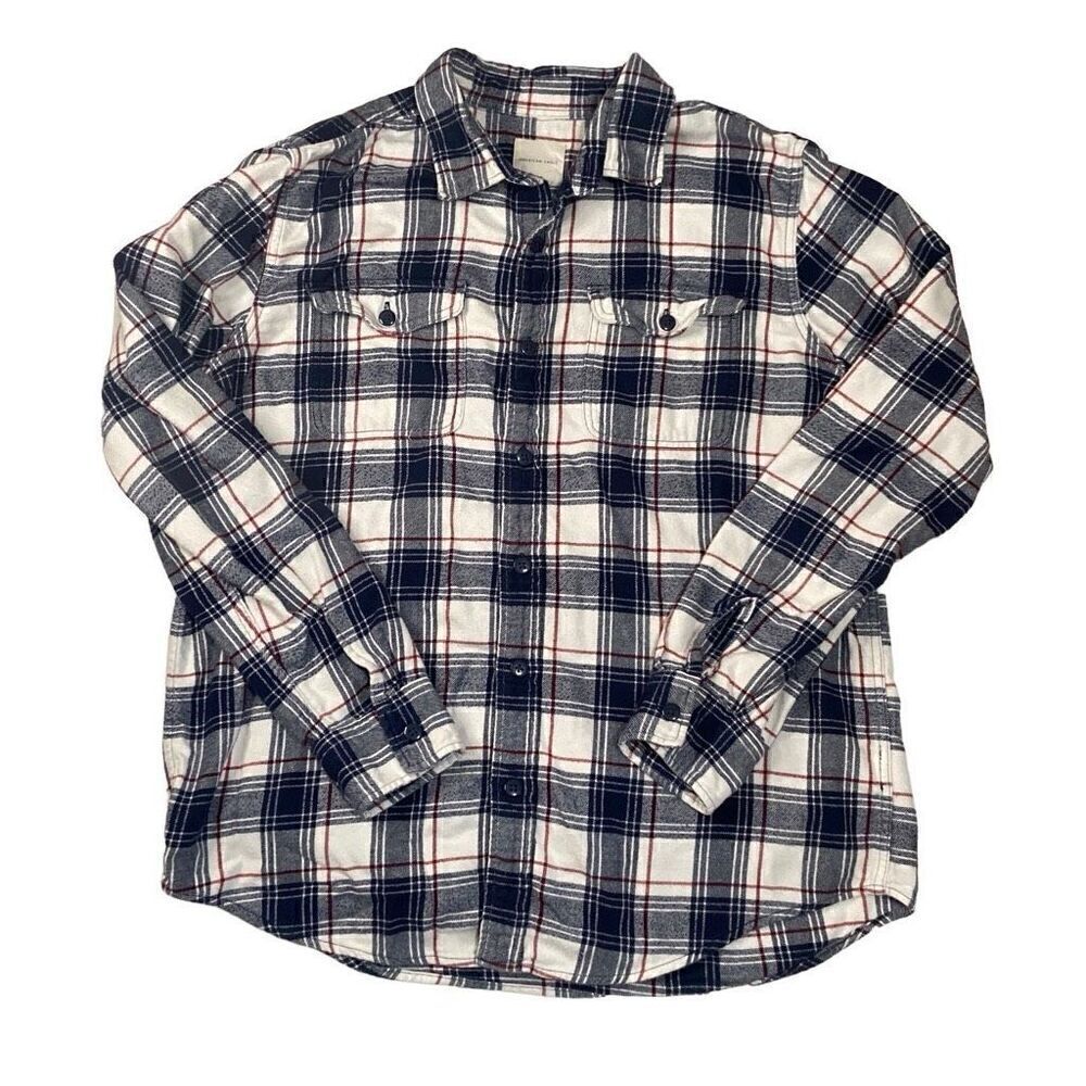 American Eagle Blue Plaid Flannel Button Up Long Sleeve Shirt Men Size XL